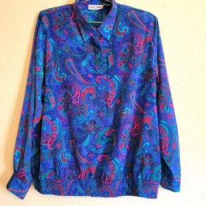 Alfred Dunner blue pink Teal purple paisley top w elastic s 44